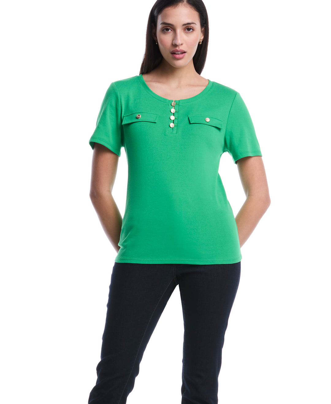 Petite Welt Pocket Button Detail Top (Fern Green) 