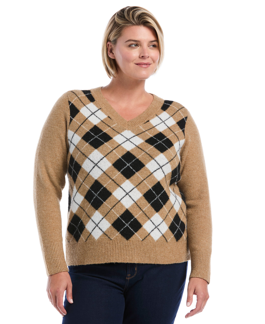 Plus Size Argyle V-Neck Sweater (Tobacco Brown) 
