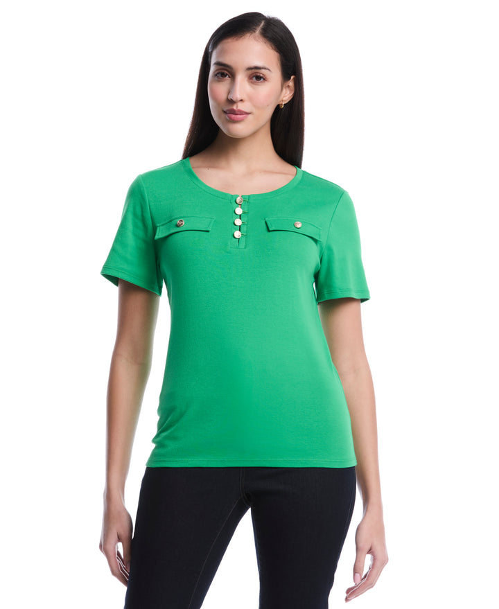 Petite Welt Pocket Button Detail Top (Fern Green) 