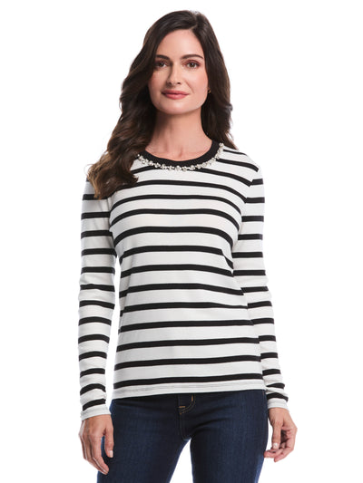 Petite Striped Print Embellished Neck Top (Star White) 