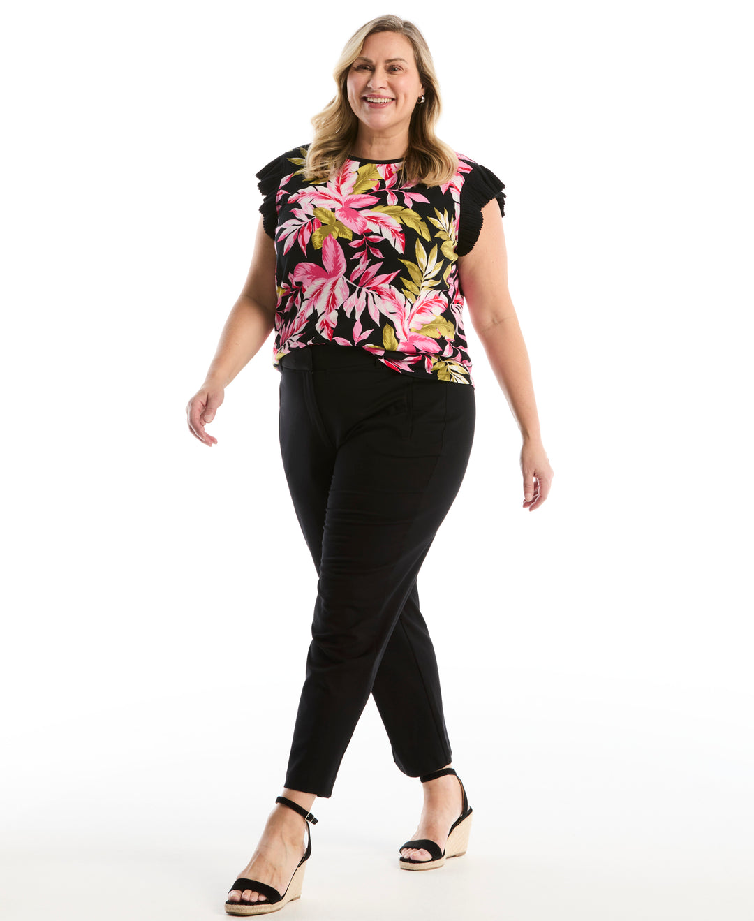 Plus Size Tropical Print Ruffle Top (Black) 
