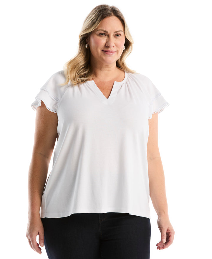 Plus Size Eyelet Flutter Sleeve Split Neck Top (White) 