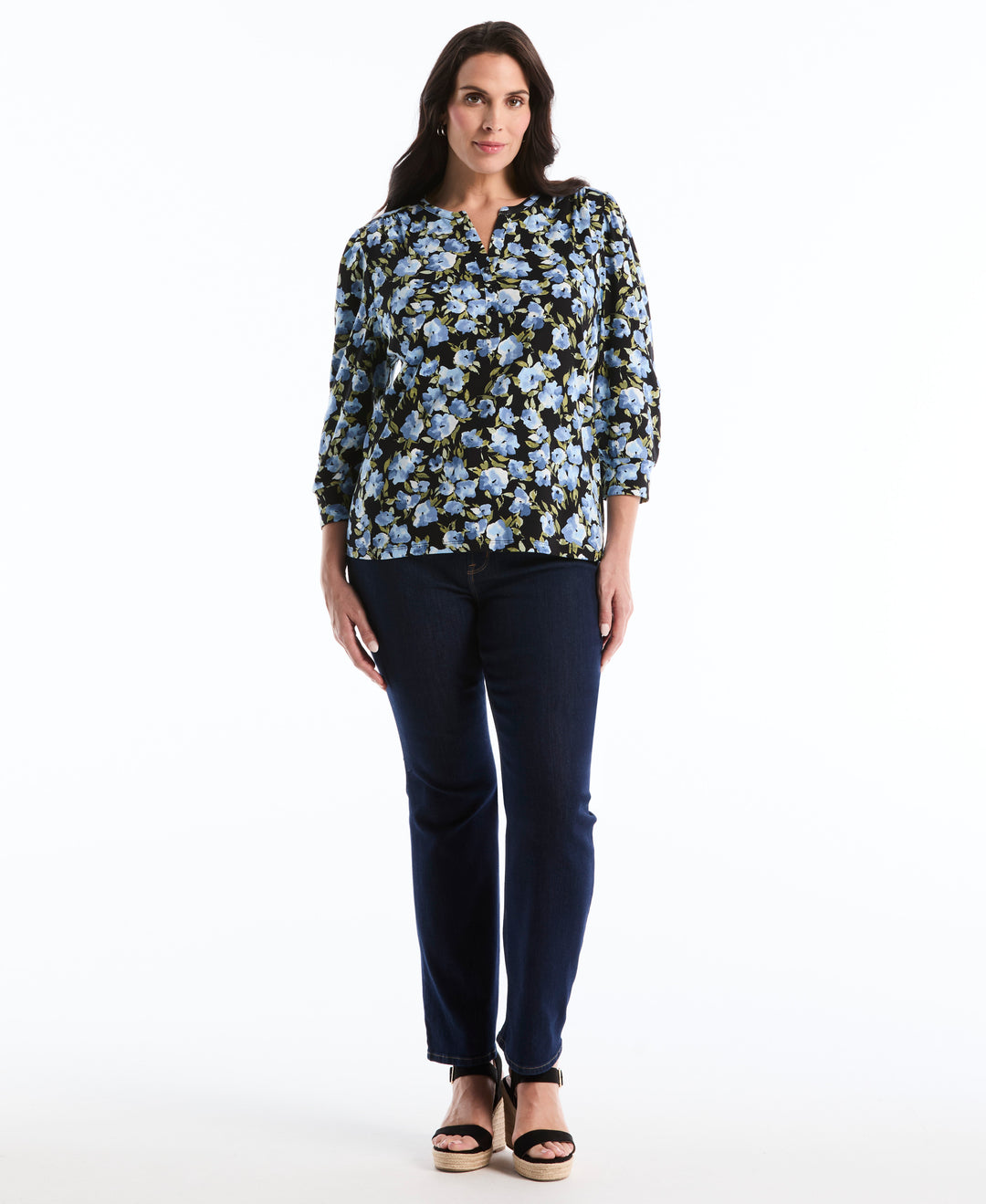 Plus Size Floral Print Shirred Top (Black) 