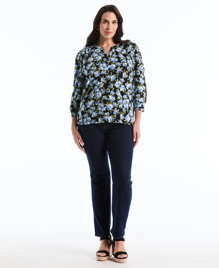 Plus Size Floral Print Shirred Top (Black) 