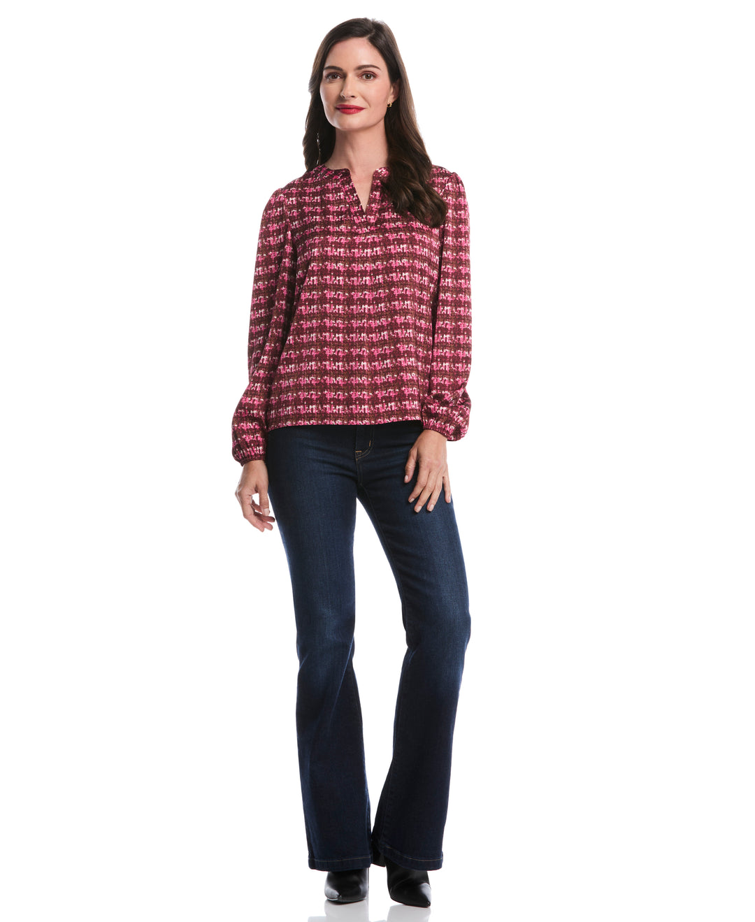 Crosshatch Print Split Neck Popover Blouse (Beetroot Purple) 