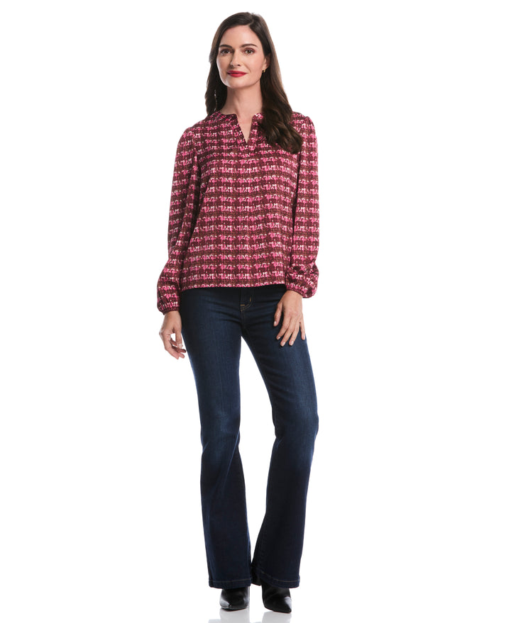 Crosshatch Print Split Neck Popover Blouse (Beetroot Purple) 