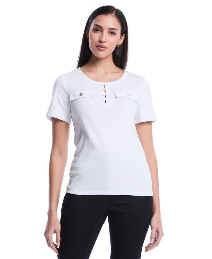 Petite Welt Pocket Button Detail Top (White) 