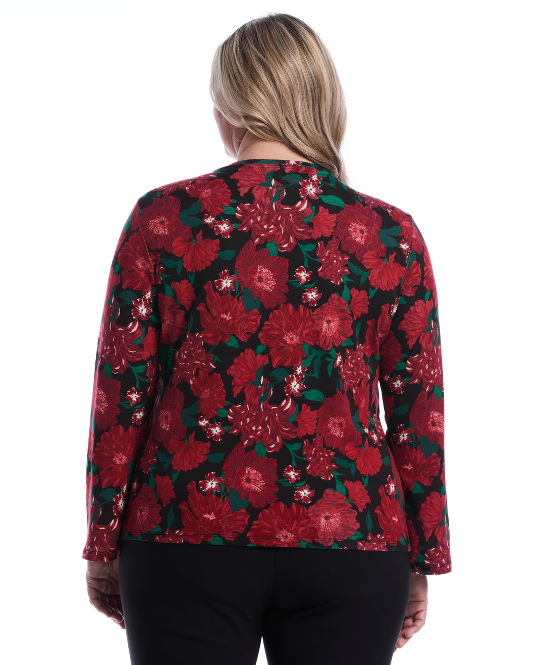 Plus Size Floral Print Embellished Neckline Top (Jester Red) 
