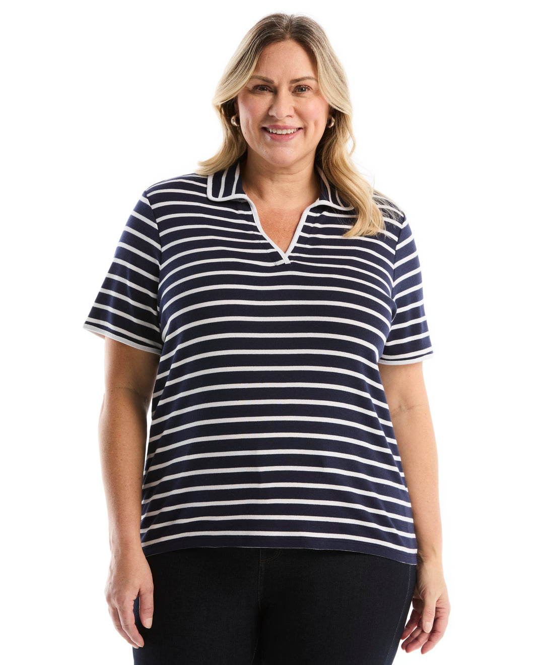 Plus Size Striped Contrast Trim Johnny Collar Polo (Peacoat) 