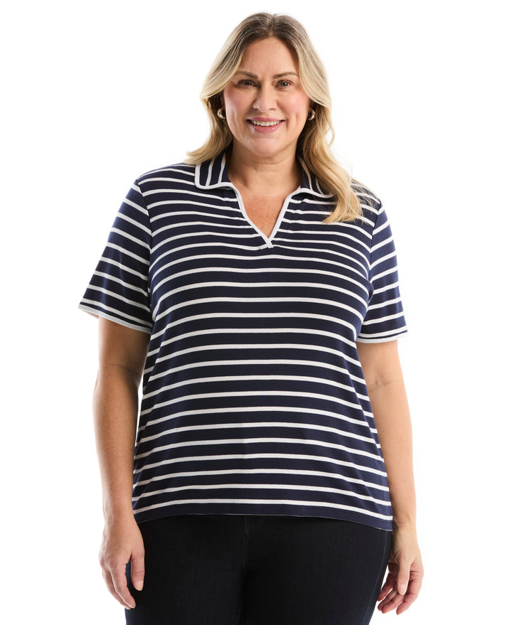 Plus Size Striped Contrast Trim Johnny Collar Polo (Peacoat) 