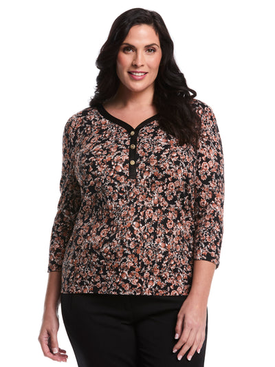 Plus Size Floral Print 3/4 Puff Sleeve V-Neck Top (Black) 