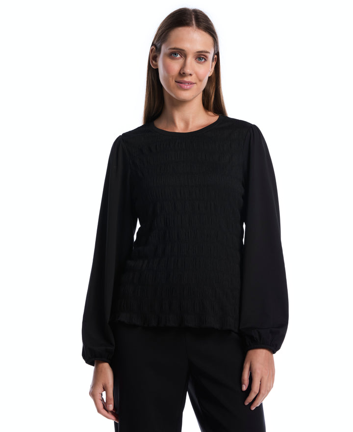 Petite Puff Sleeve Crew Neck Top (Black) 