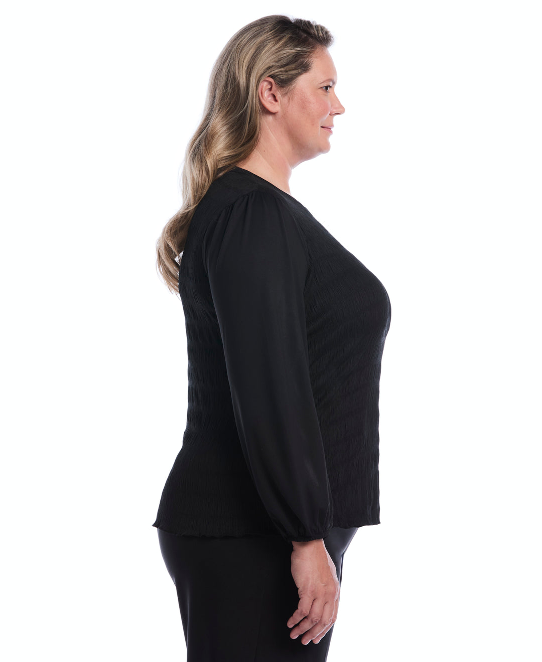 Plus Size Puff Sleeve Crew Neck Top (Black) 