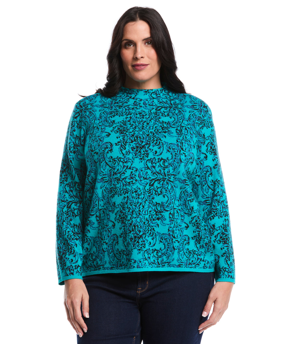 Plus Size Floral Paisley Print Mock Neck Sweater (Tropical Green) 