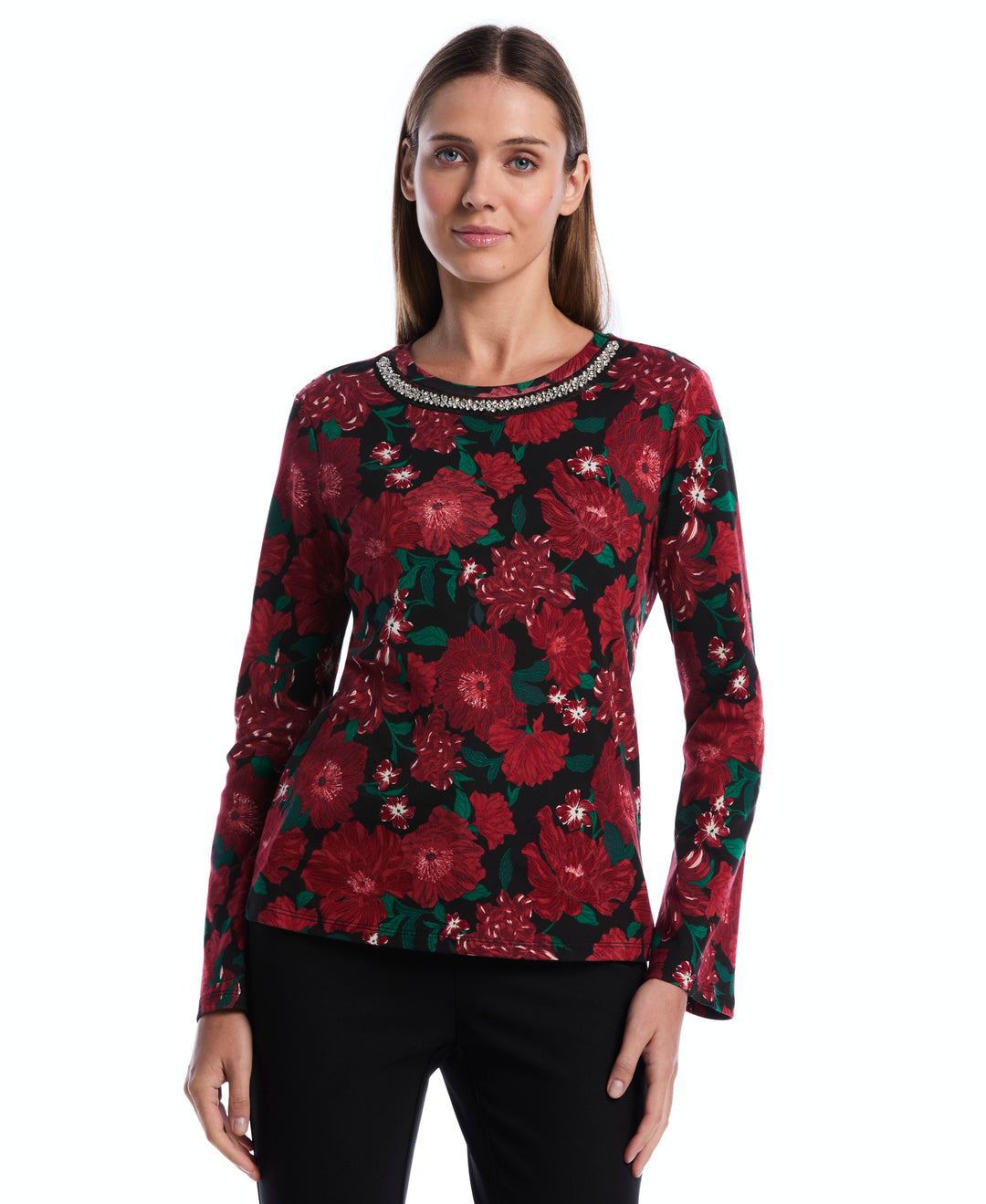 Petite Floral Print Embellished Neckline Top (Jester Red) 