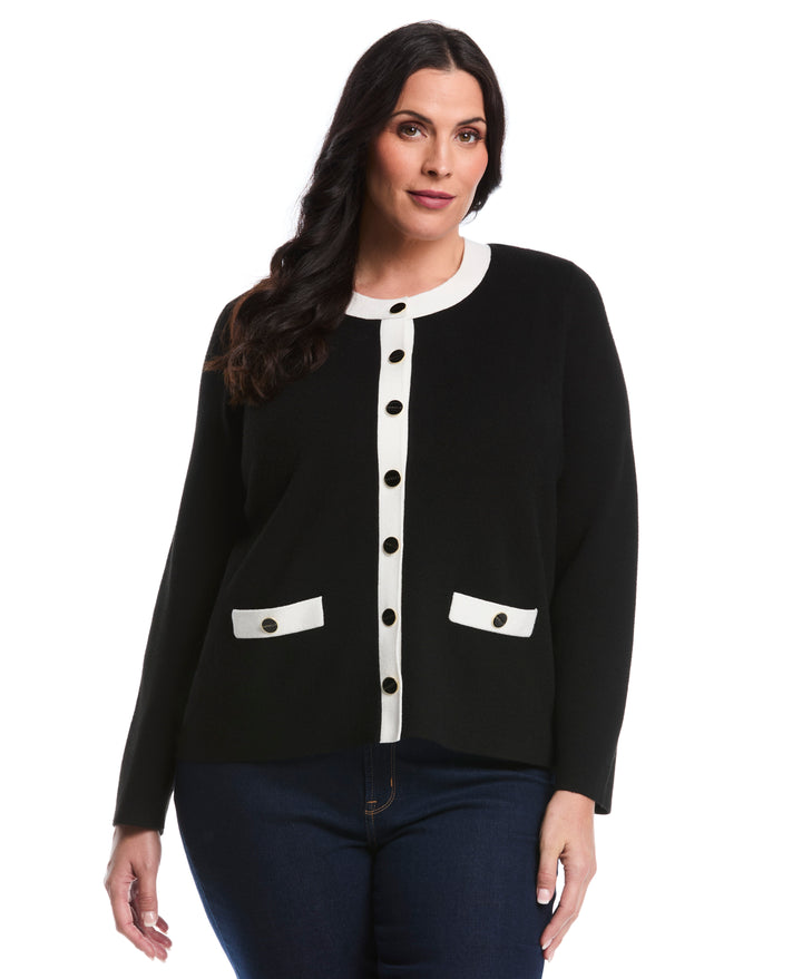 Plus Size Contrast Placket Button-Up Cardigan (Black) 