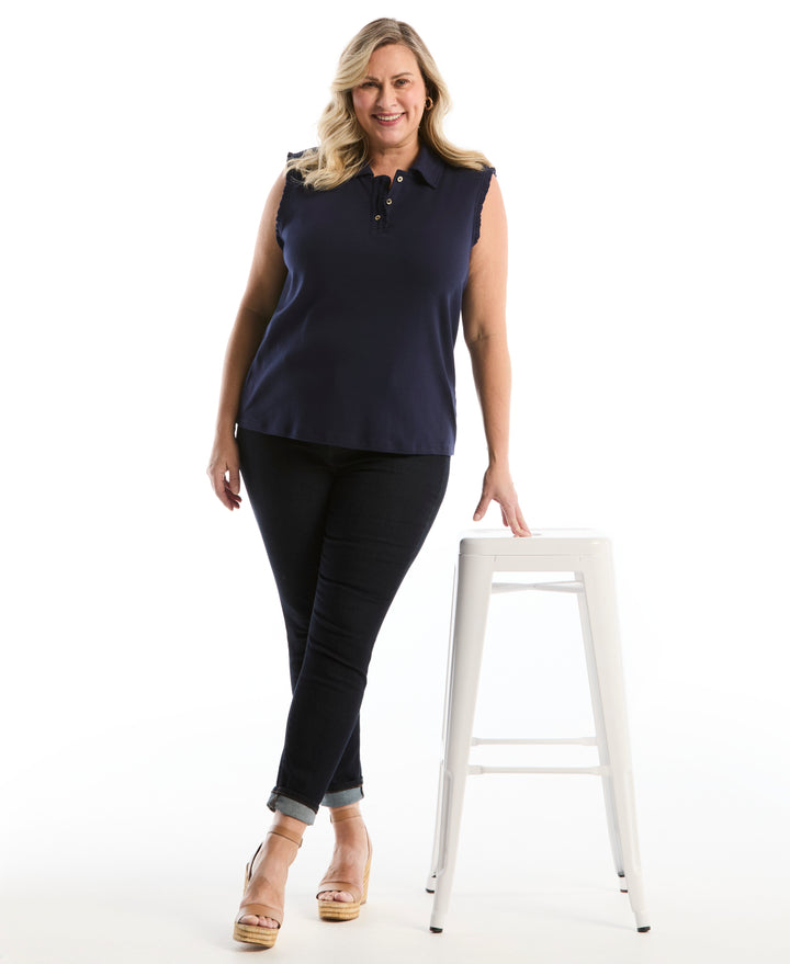 Plus Size Ruffle Trim Polo (Peacoat) 