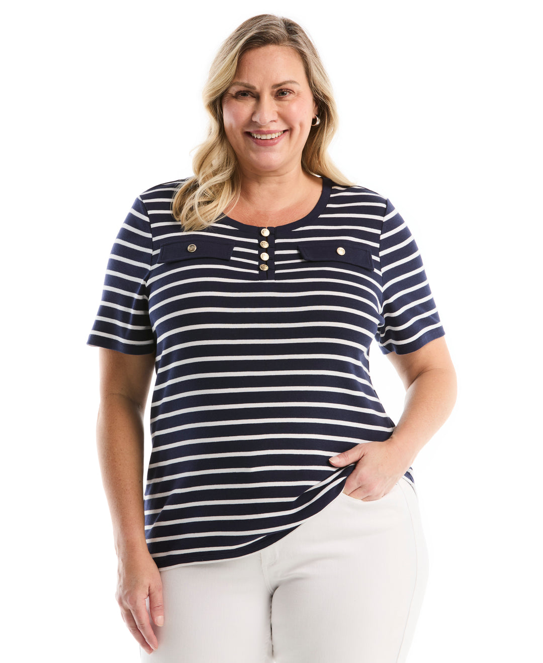 Plus Size Striped Welt Pocket Button Detail Top (Peacoat) 