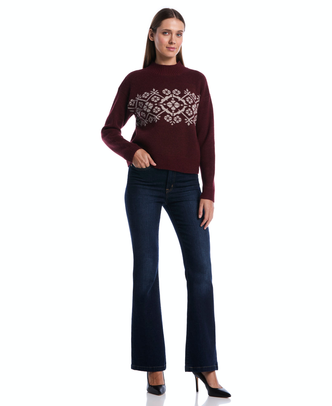 Petite Floral Argyle Mock Neck Sweater (Zinfandel) 
