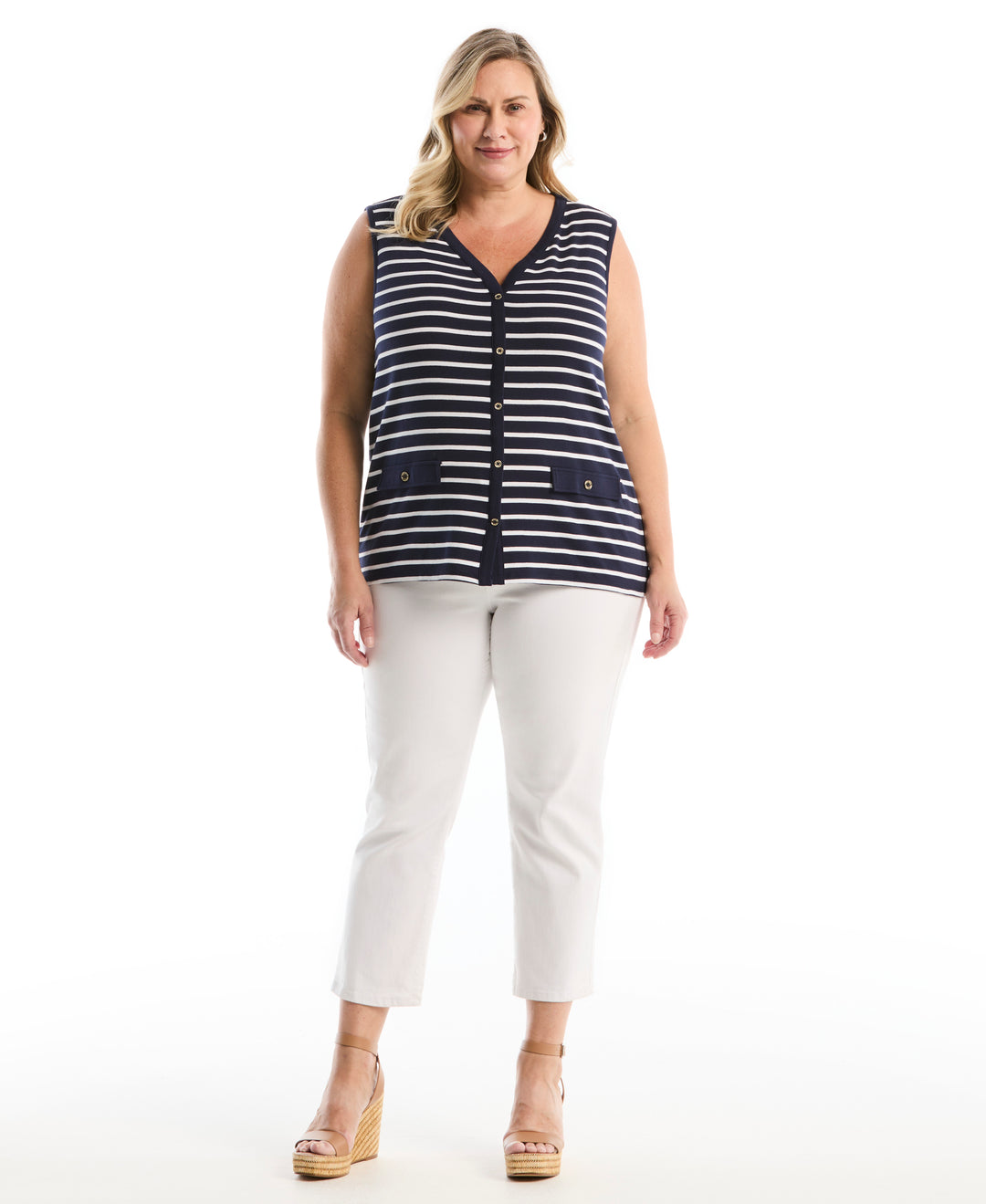 Plus Size Striped Button Front Tank Top (Peacoat) 