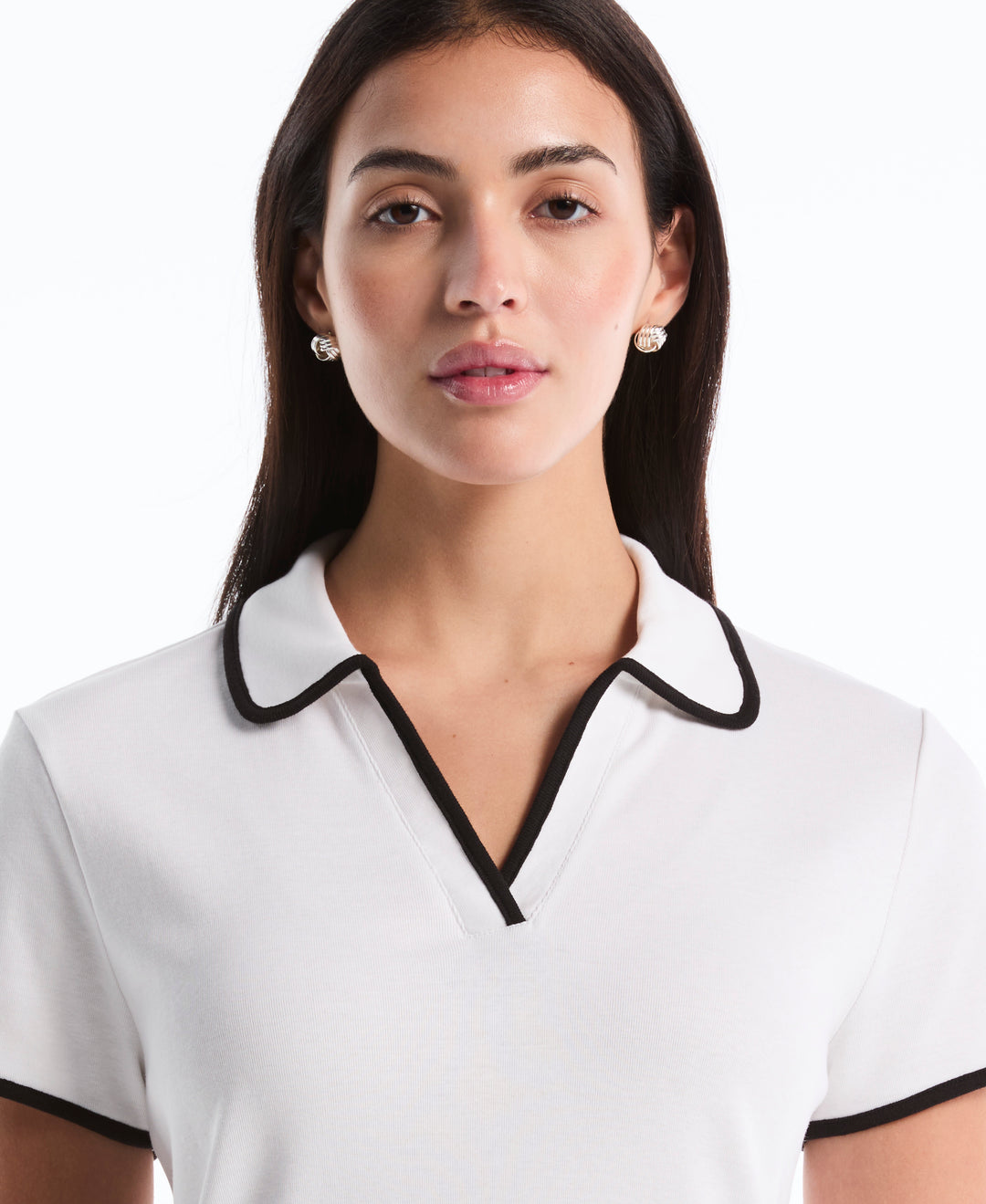 Contrast Trim Johnny Collar Polo (White) 