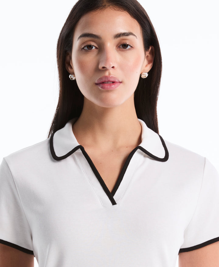 Contrast Trim Johnny Collar Polo (White) 