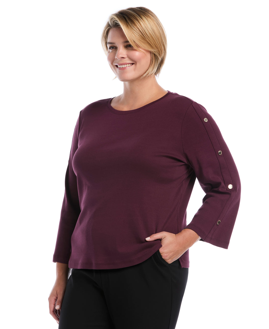 Plus Size Stud Trim Wide Sleeve Top (Winetasting) 