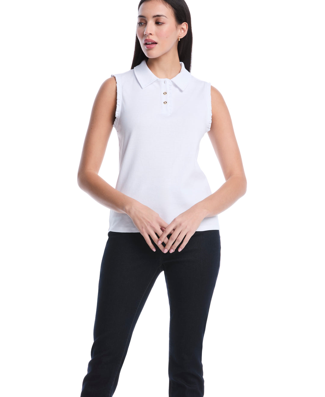 Petite Ruffle Trim Polo (White) 