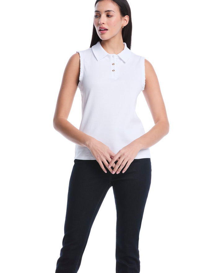Petite Ruffle Trim Polo (White) 