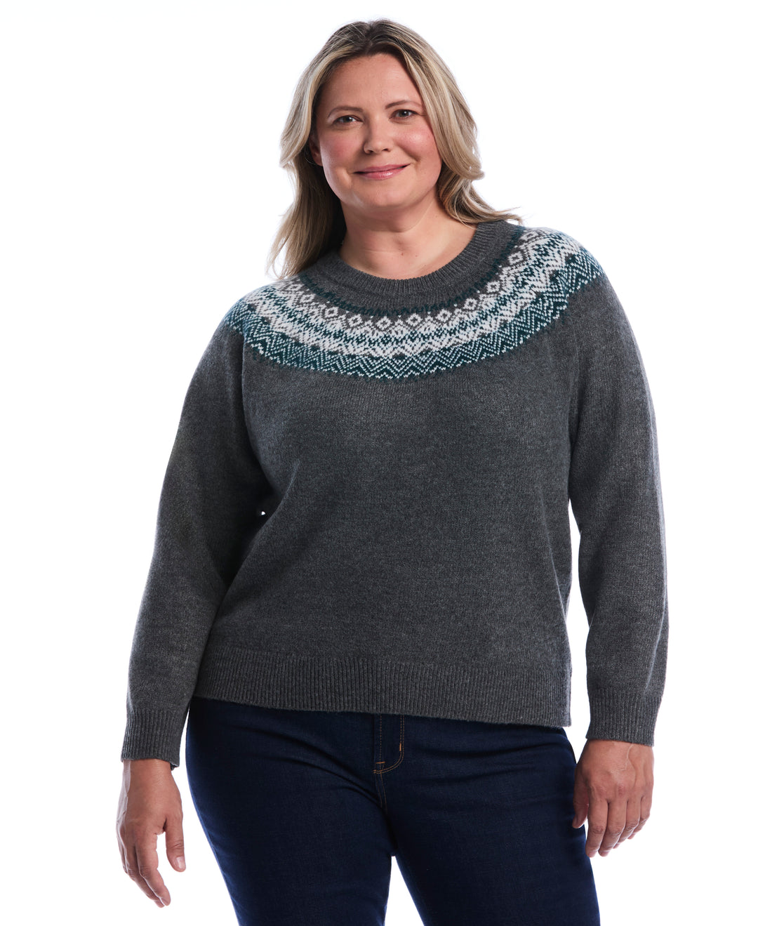 Plus Size Fair Isle Crew Neck Sweater (Charcoal) 