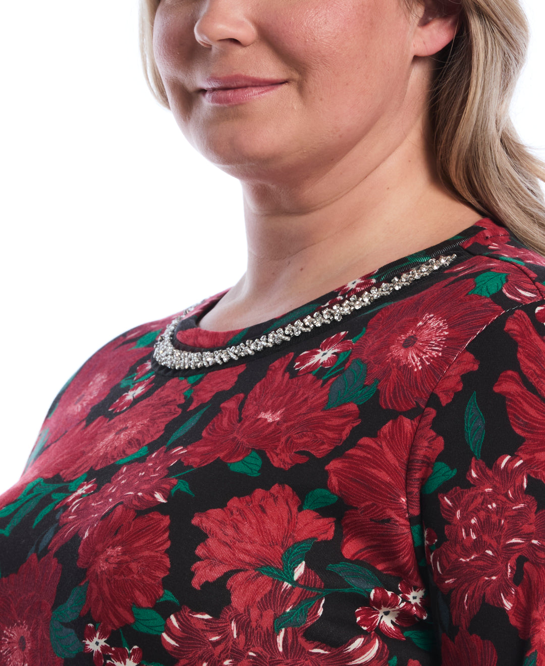 Plus Size Floral Print Embellished Neckline Top (Jester Red) 