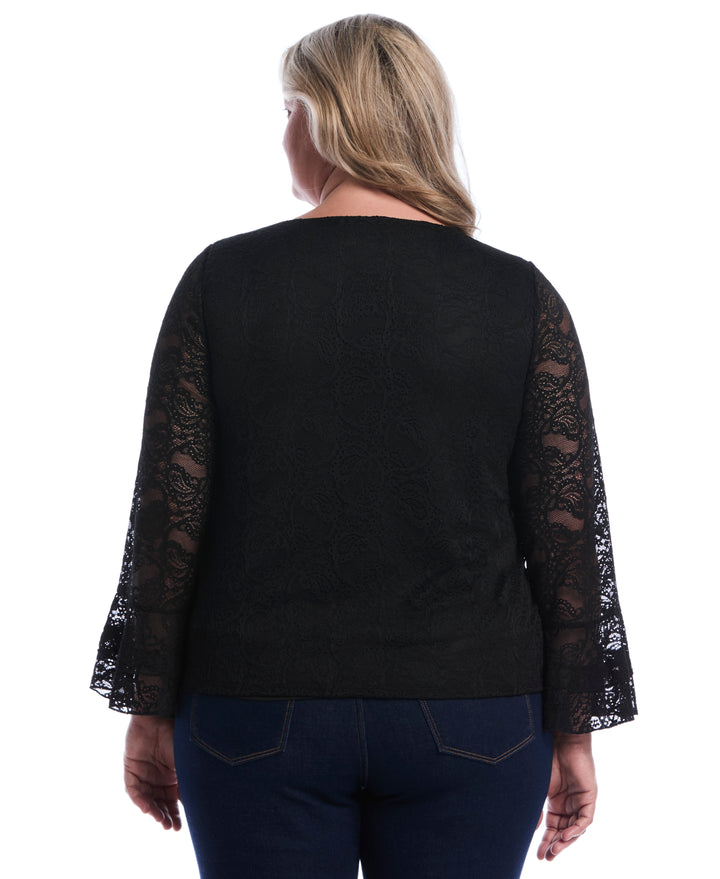 Plus Size Lace Ruffle Sleeve Boatneck Top (Black) 