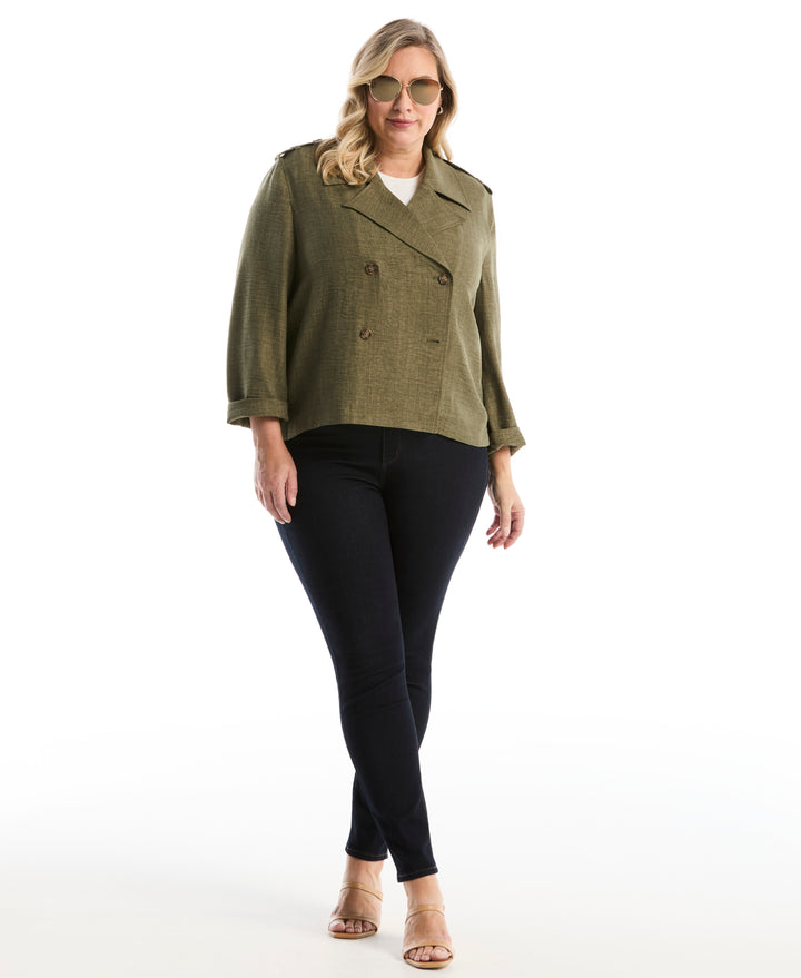 Plus Size Washer Crepe Cropped Trench Coat (Loden Green) 