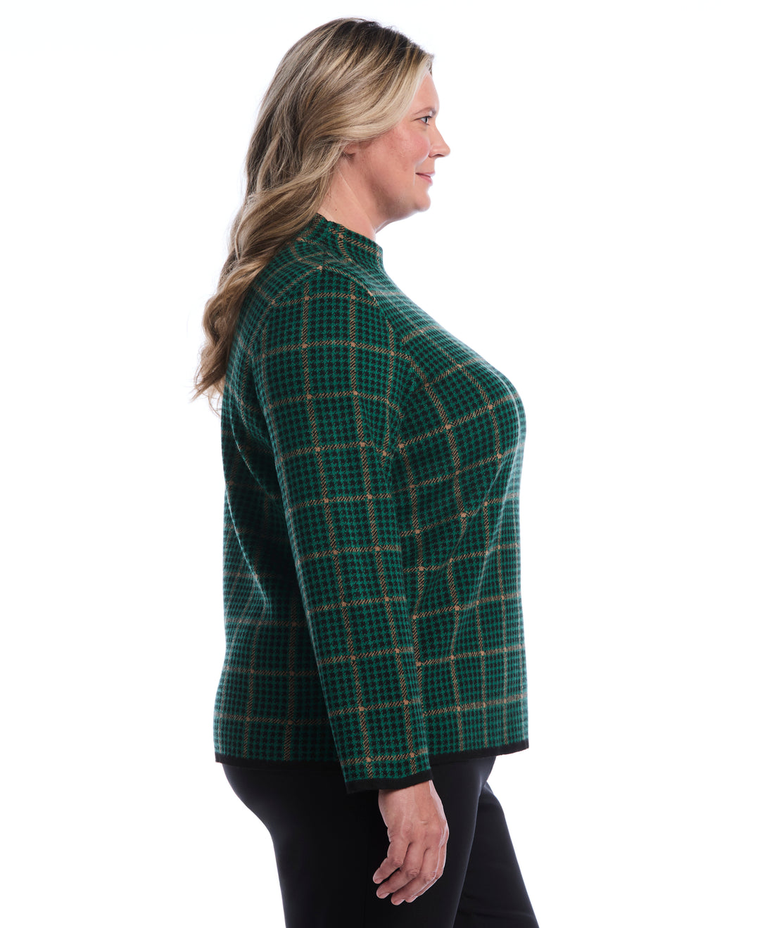 Plus Size Plaid Print Mock Neck Sweater (Ultramarine Green) 