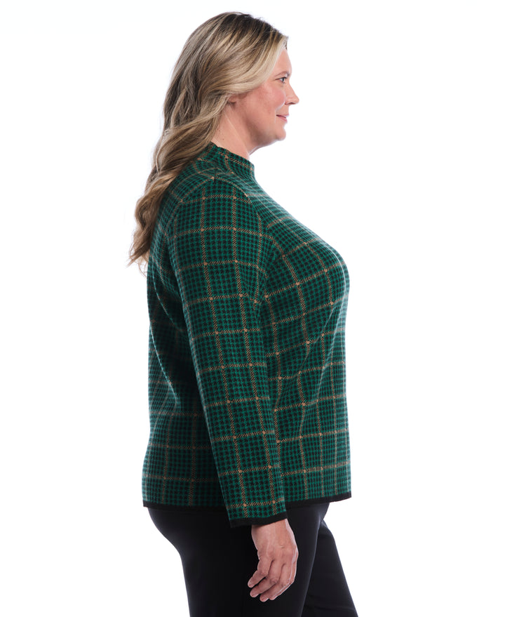 Plus Size Plaid Print Mock Neck Sweater (Ultramarine Green) 