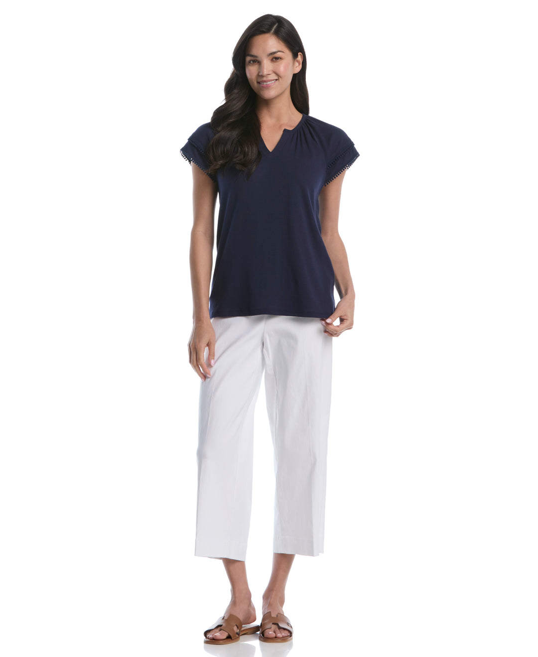 Petite Eyelet Flutter Sleeve Split Neck Top (Peacoat) 