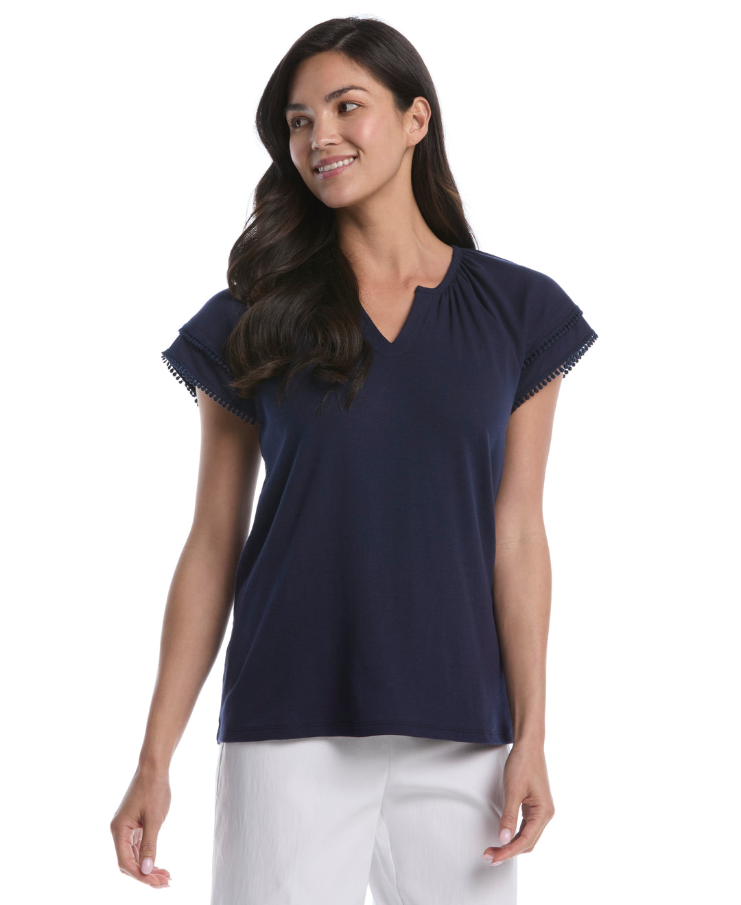 Petite Eyelet Flutter Sleeve Split Neck Top (Peacoat) 