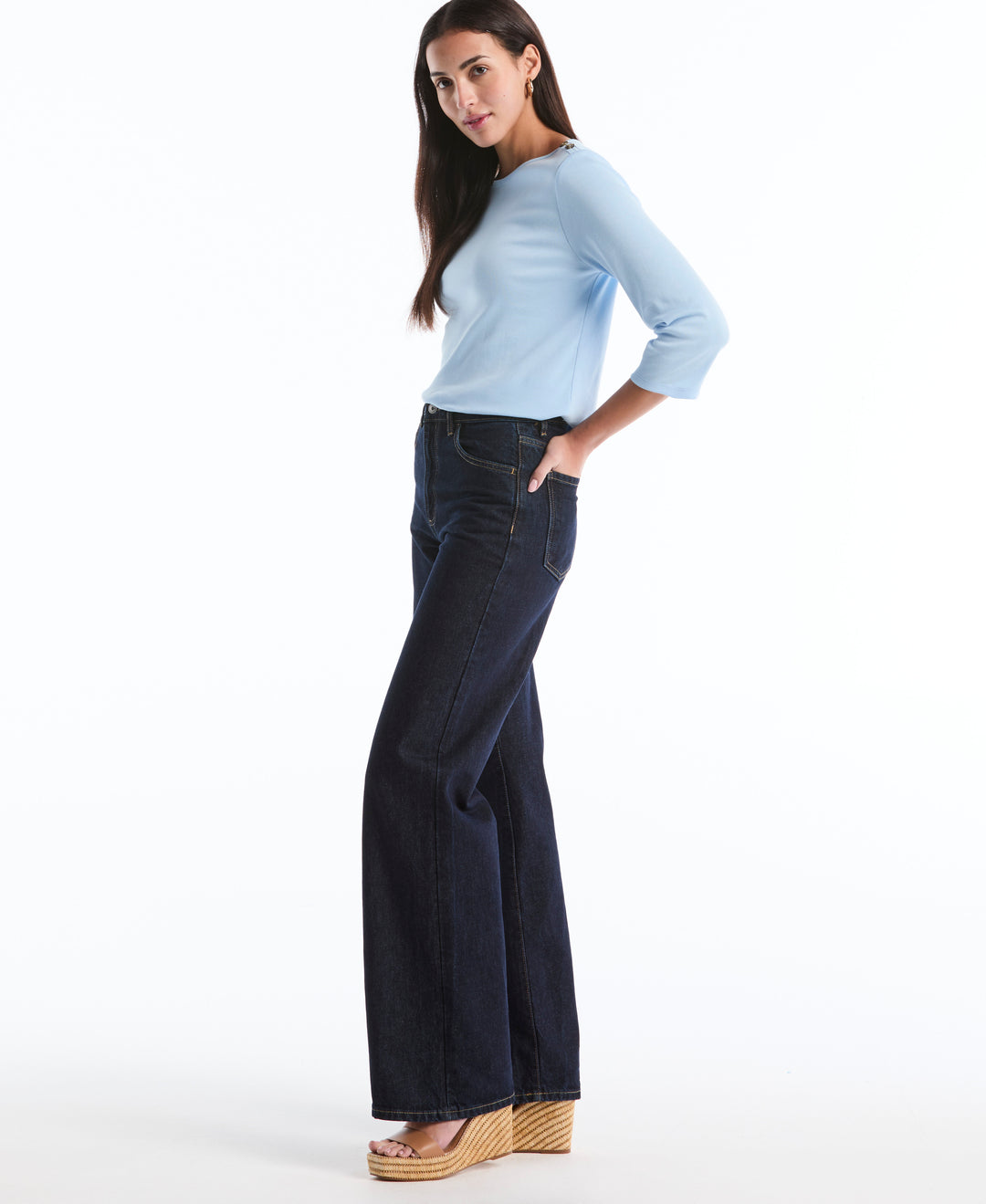 Button Detail 3/4 Sleeve Top (Cerulean) 