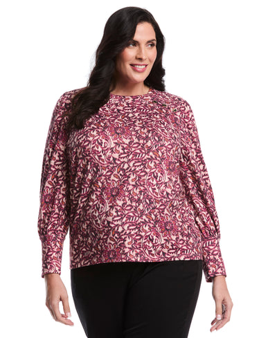 Plus Size Paisley Print Puff Sleeve Crew Neck Top (Beetroot Purple) 