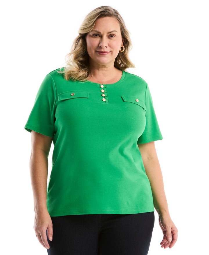 Plus Size Welt Pocket Button Detail Top (Fern Green) 