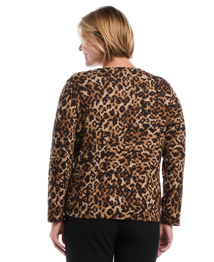 Plus Size Women's Leopard Print Shirred Split Neck Top (Monks Robe) 