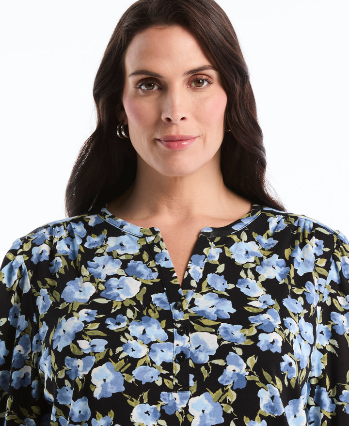Plus Size Floral Print Shirred Top (Black) 