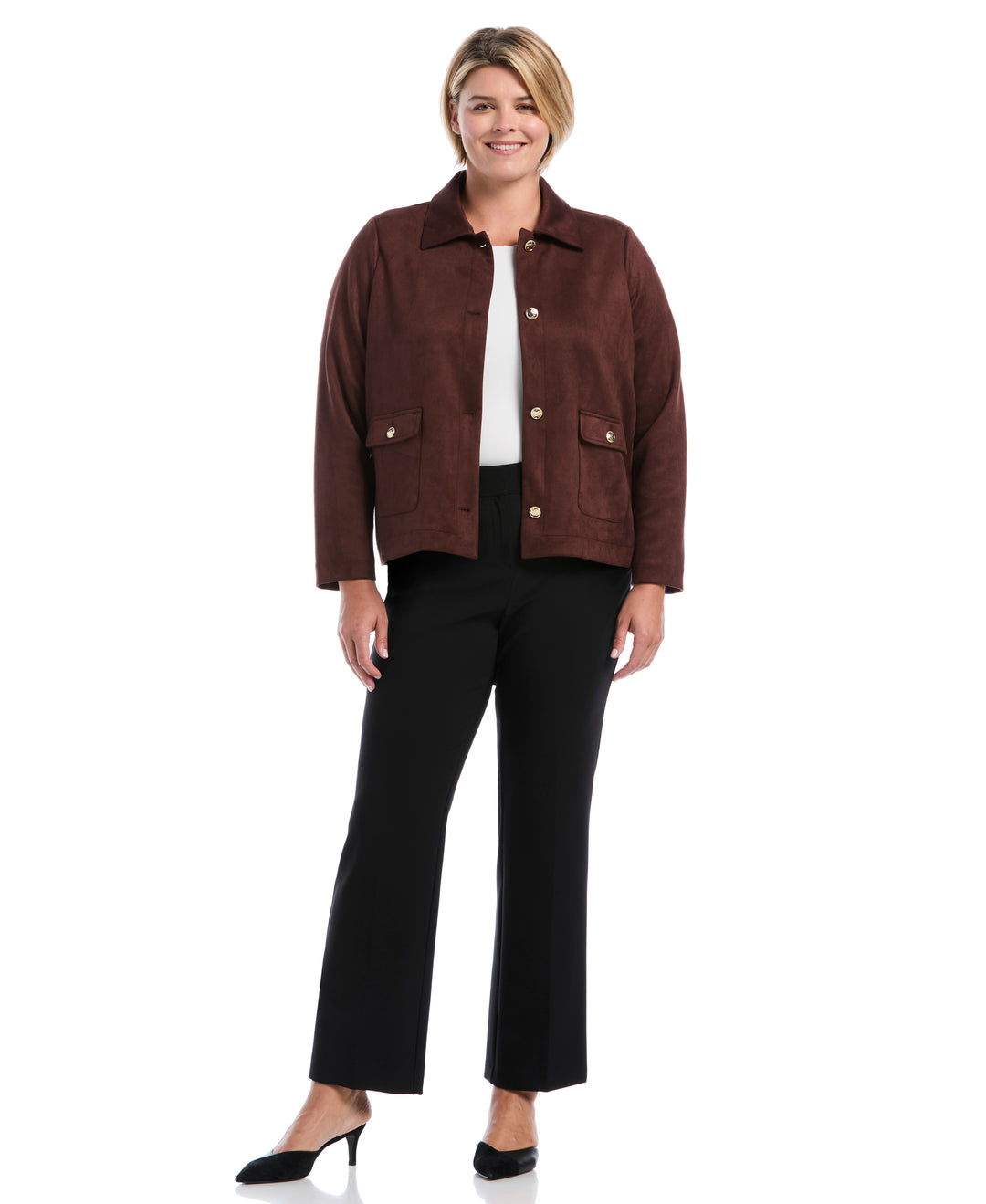Plus Size Patch Pocket Scuba Suede Jacket (Brown Stone) 