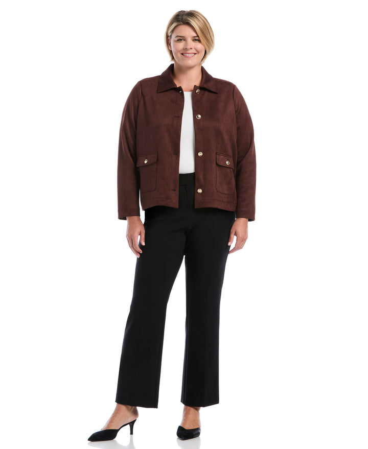 Plus Size Patch Pocket Scuba Suede Jacket (Brown Stone) 