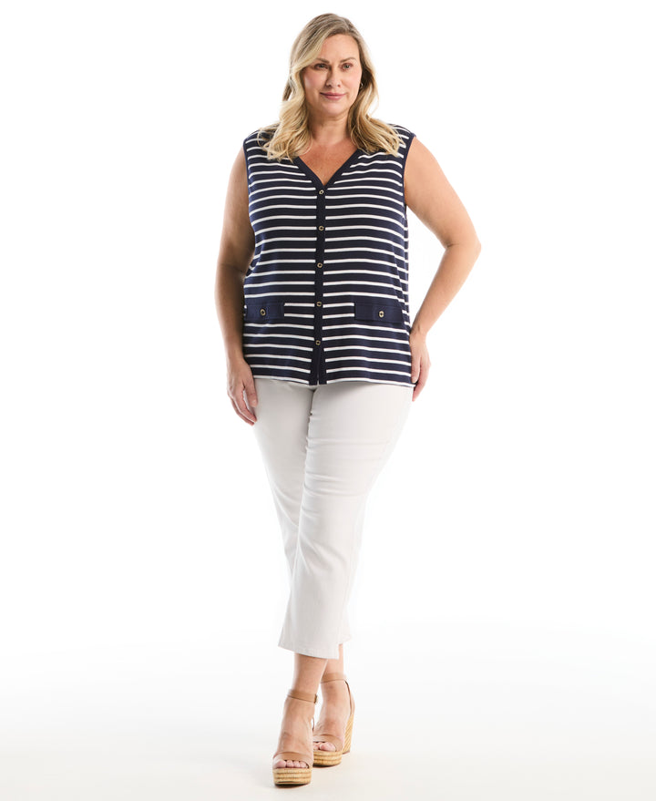 Plus Size Striped Button Front Tank Top (Peacoat) 