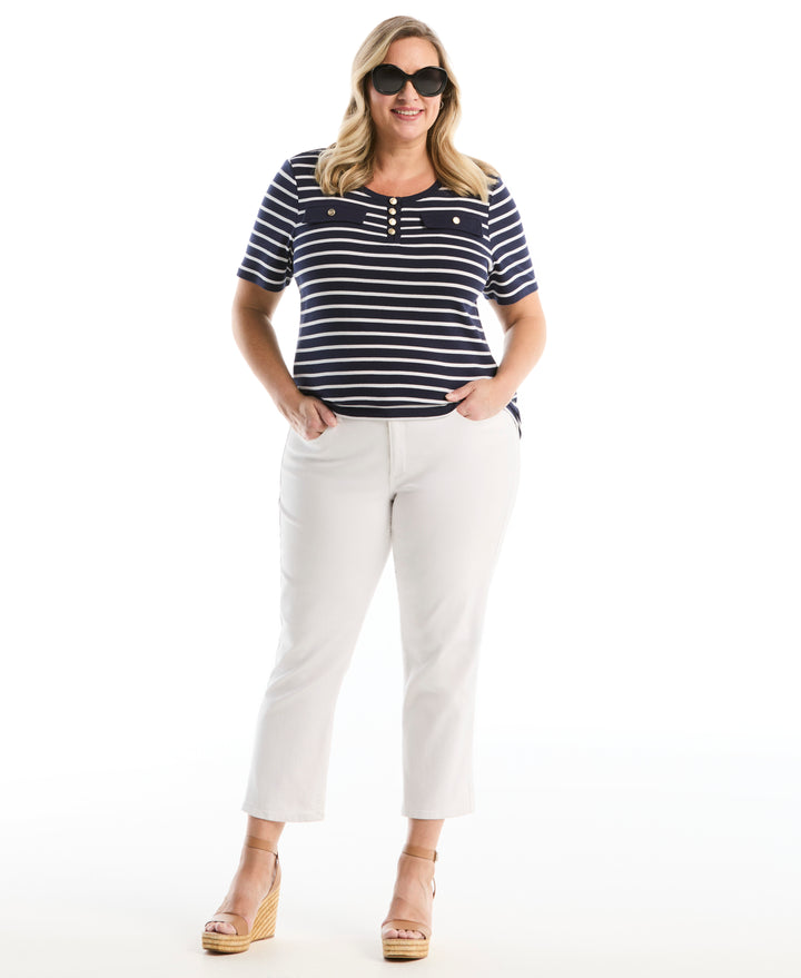 Plus Size Striped Welt Pocket Button Detail Top (Peacoat) 