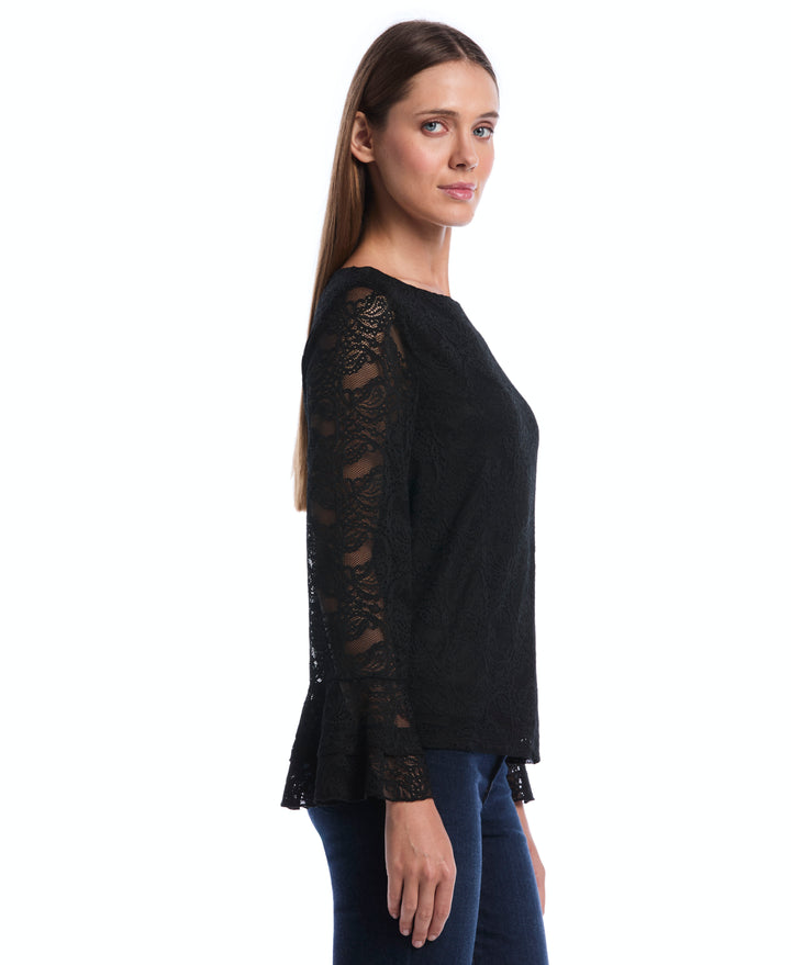 Petite Lace Ruffle Sleeve Boatneck Top (Black) 