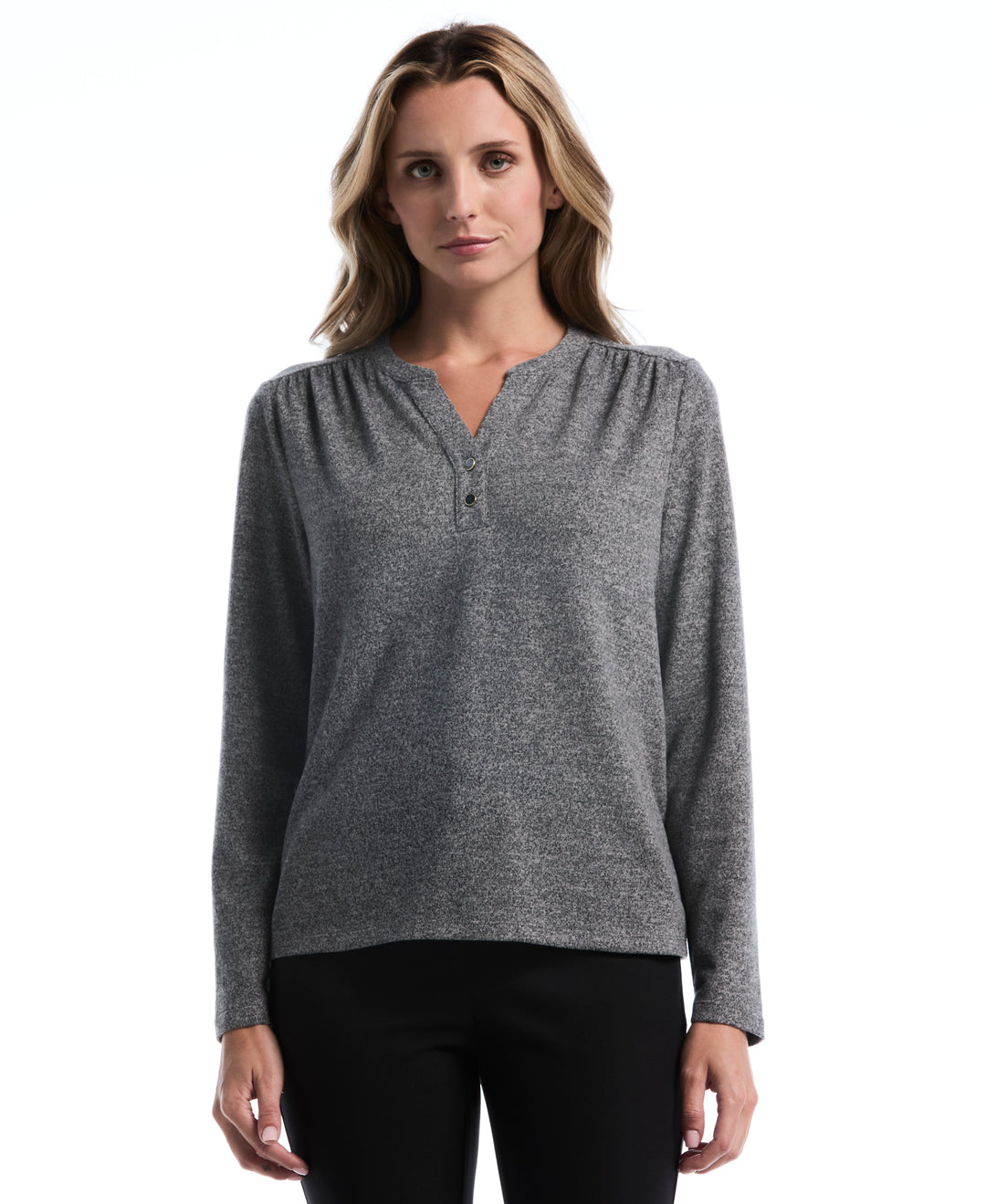Shirred Split Neck Top (Salt And Pepper Hthr) 