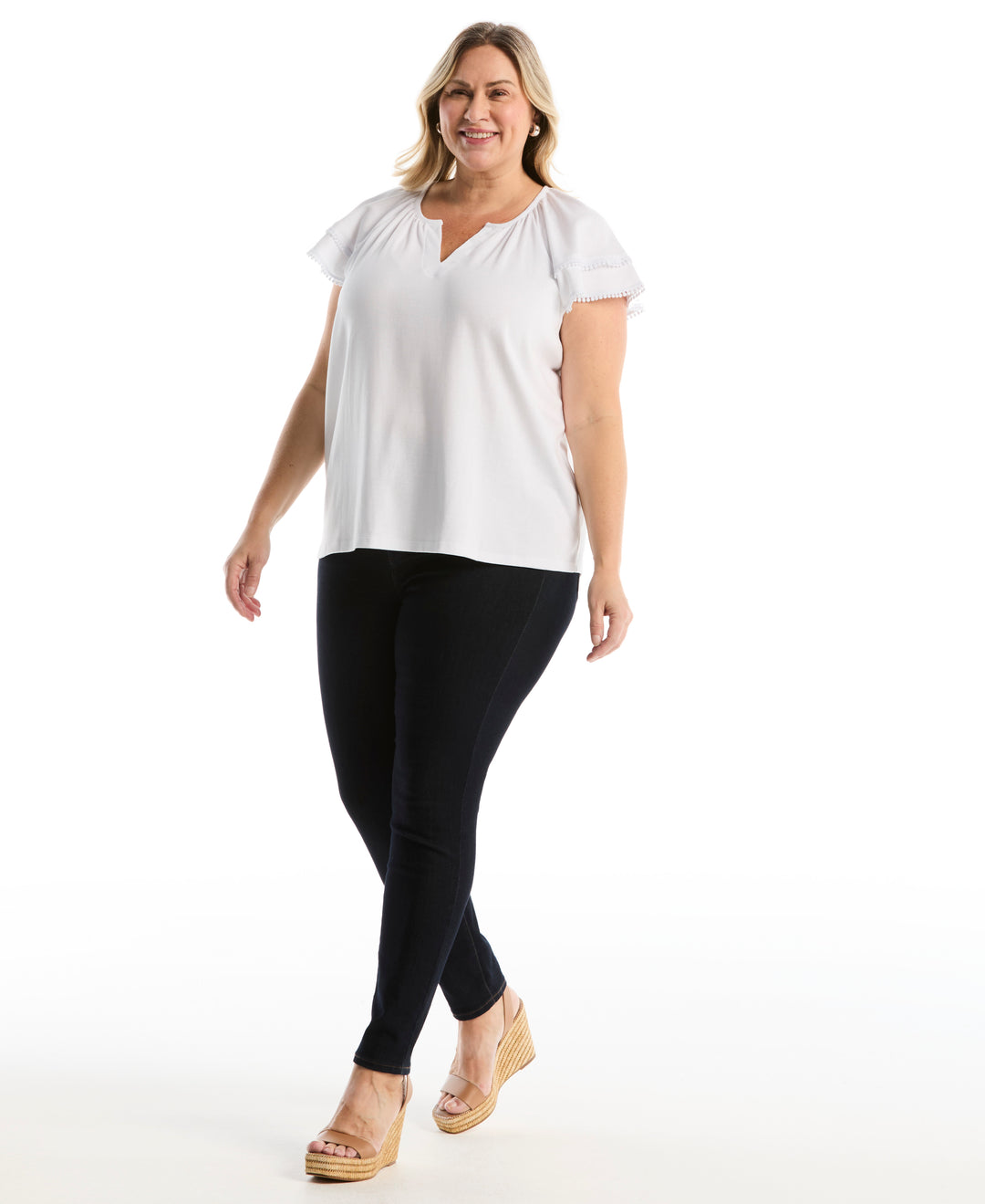 Plus Size Eyelet Flutter Sleeve Split Neck Top (White) 