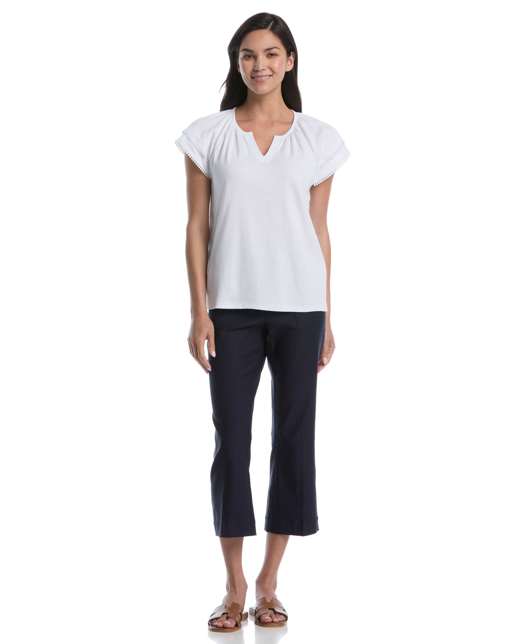 Petite Eyelet Flutter Sleeve Split Neck Top (White) 